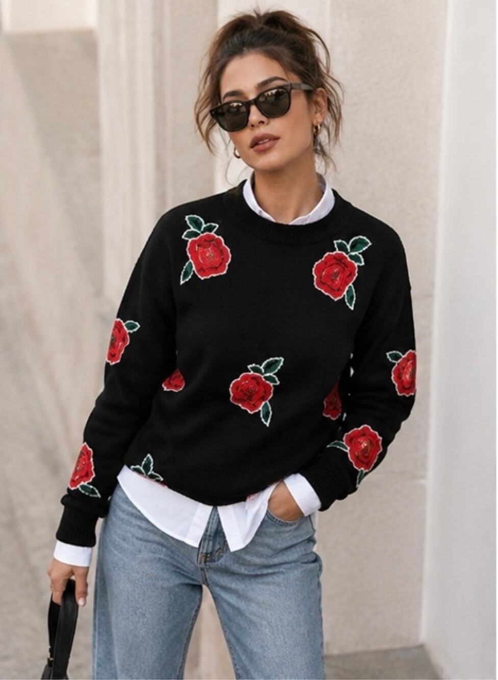 Lacoste LIVE Black Red Rose Floral Knit Sweater Crew Neck Cotton Blend XS S